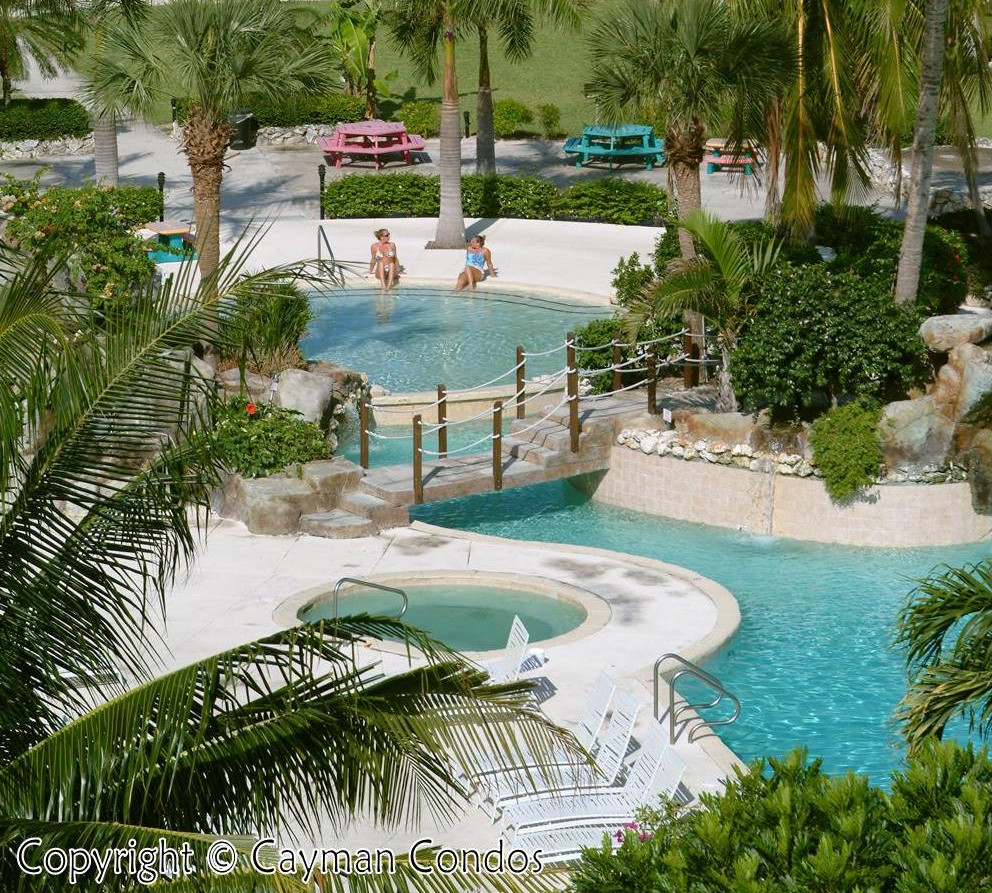 Swimming pool winds through landscaping and under walkways